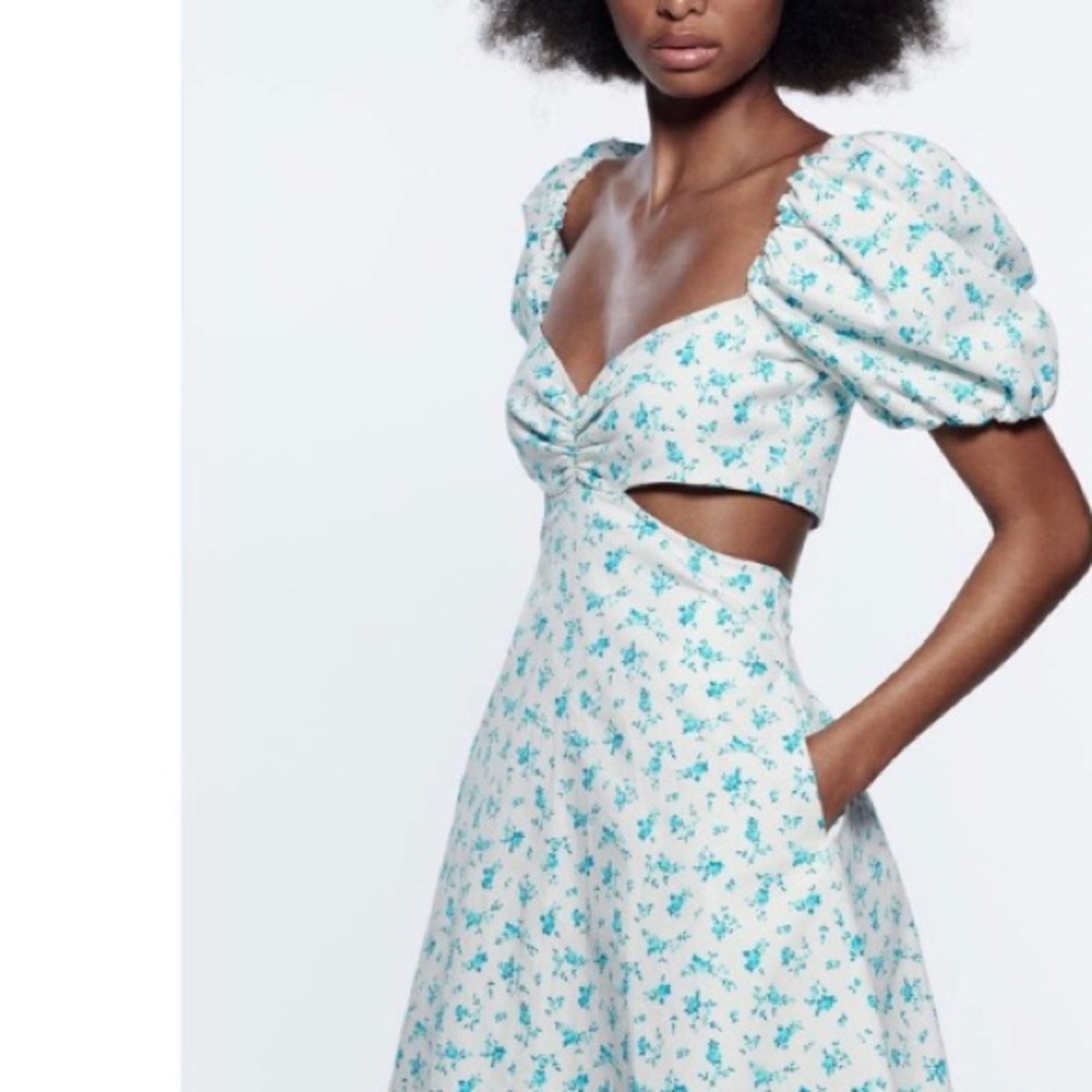 Zara Light Blue Floral Puff Sleeve Dress 👗